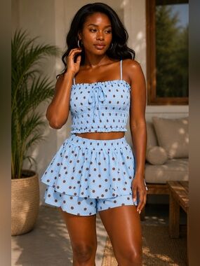 Blue Polka Dot Smocked Crop Top & Layered Shorts Set